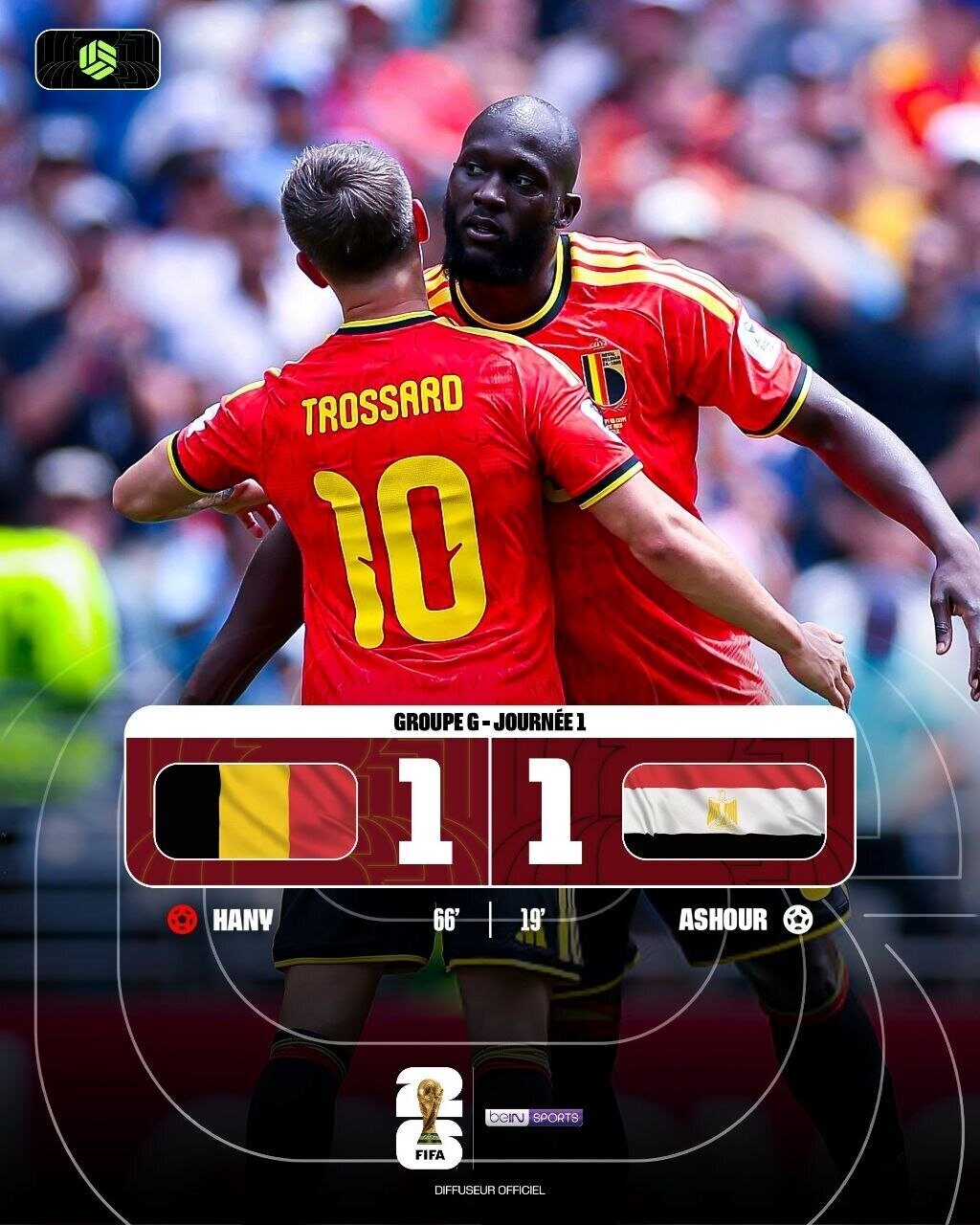 La Belgique arrache le nul face à l'Égypte en match du groupe G