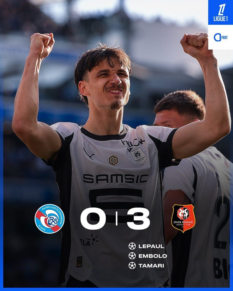 Rennes bat Strasbourg 3-0 et grimpe au Top 4