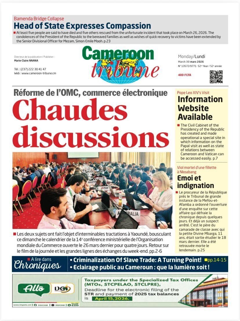 Une du Cameroon Tribune du 30 mars 2026