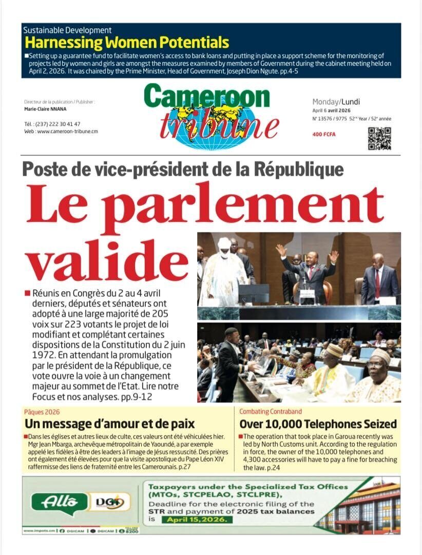 Une du Cameroon Tribune du lundi 6 avril 2026