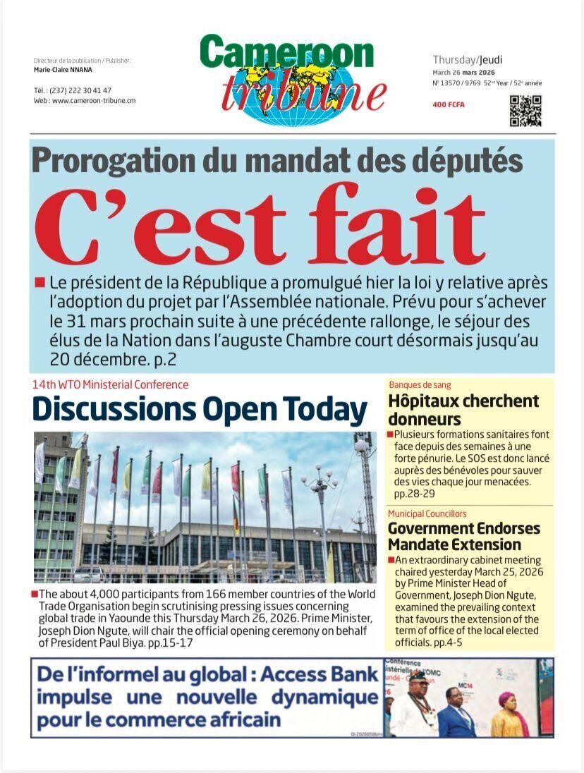 Une du Cameroon Tribune du jeudi 26 mars 2026