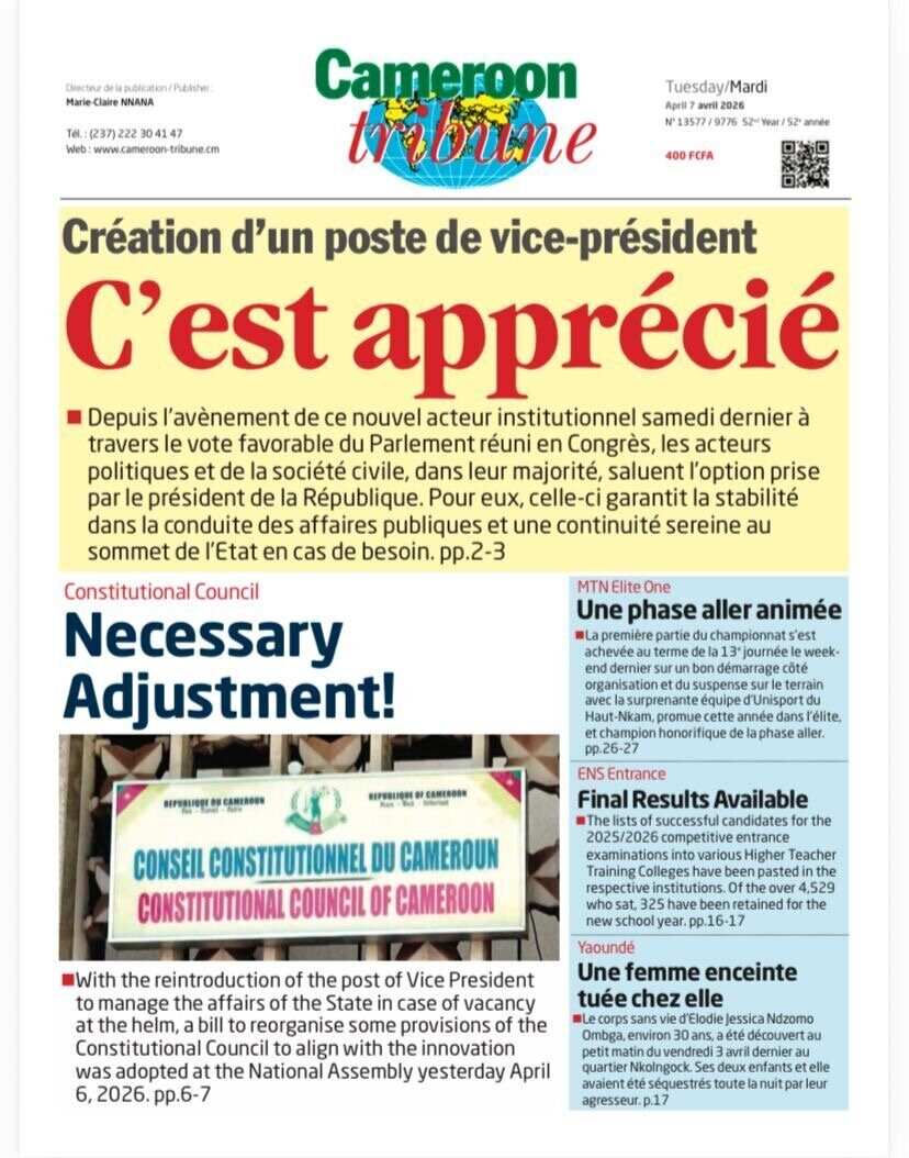 Une du Cameroon Tribune du mardi 7 avril 2026