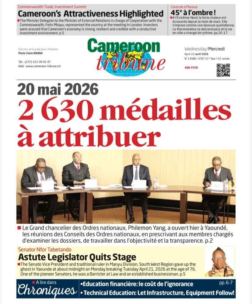 Résumé des titres du Cameroon Tribune du 22 avril 2026