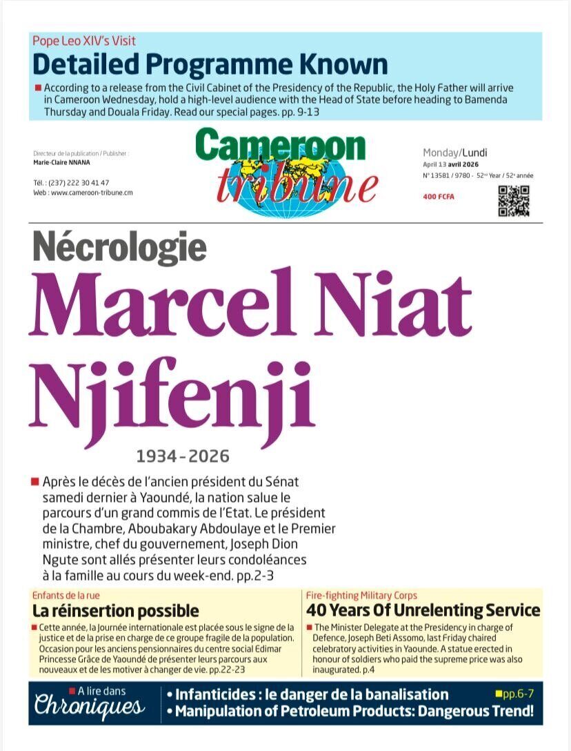 La une de Cameroon Tribune du lundi 13 avril 2026