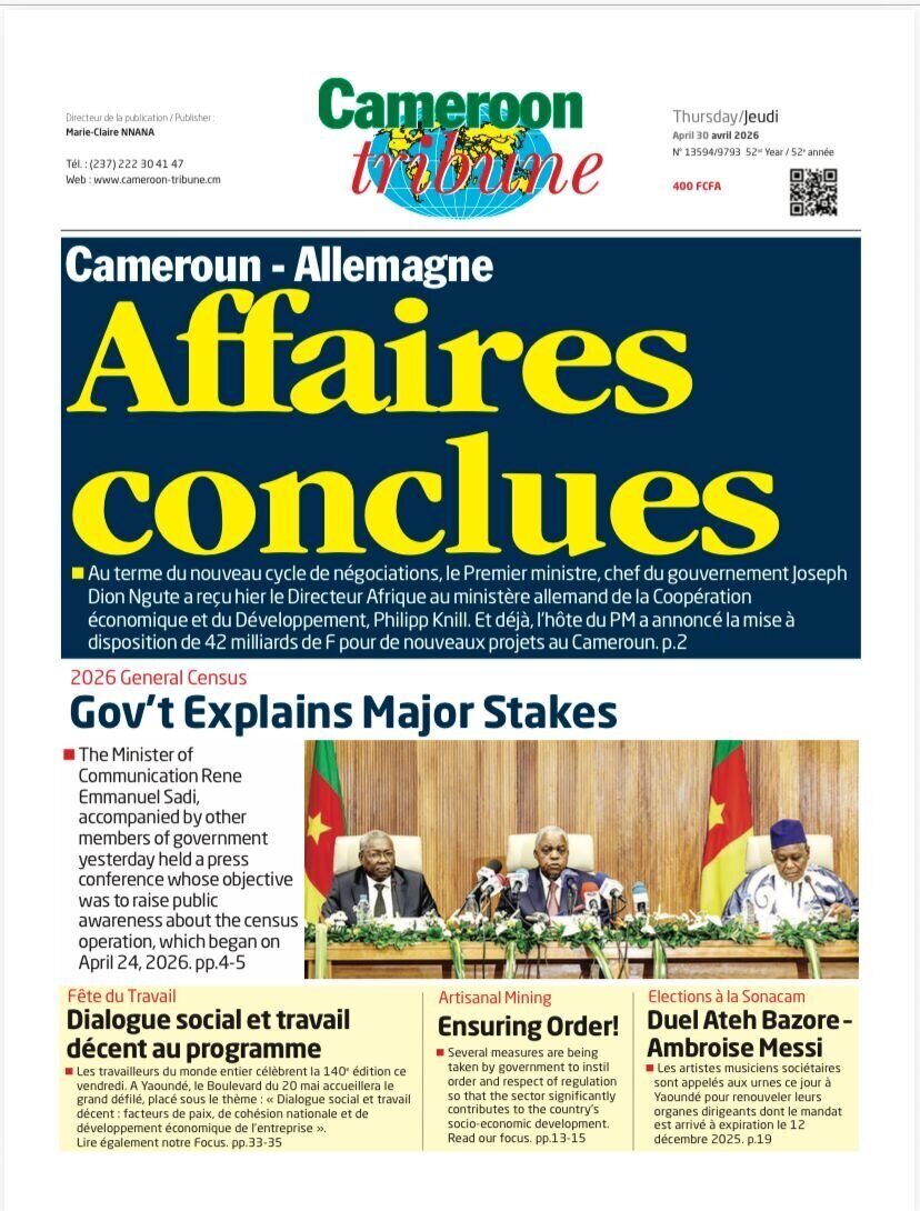 Une du Cameroon Tribune du 30 avril 2026